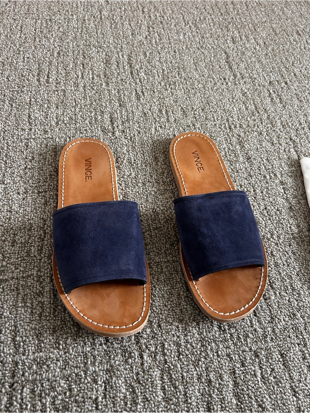 Vince Navy Suede Slide Mules with Tan Footbed